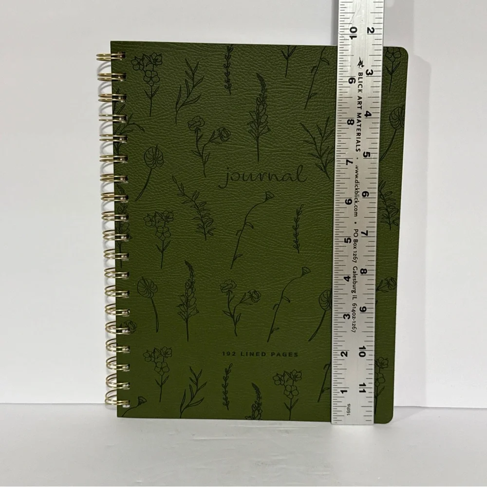 Green Faux Leather Floral Journal with Gold Spiral Binding 192 pages